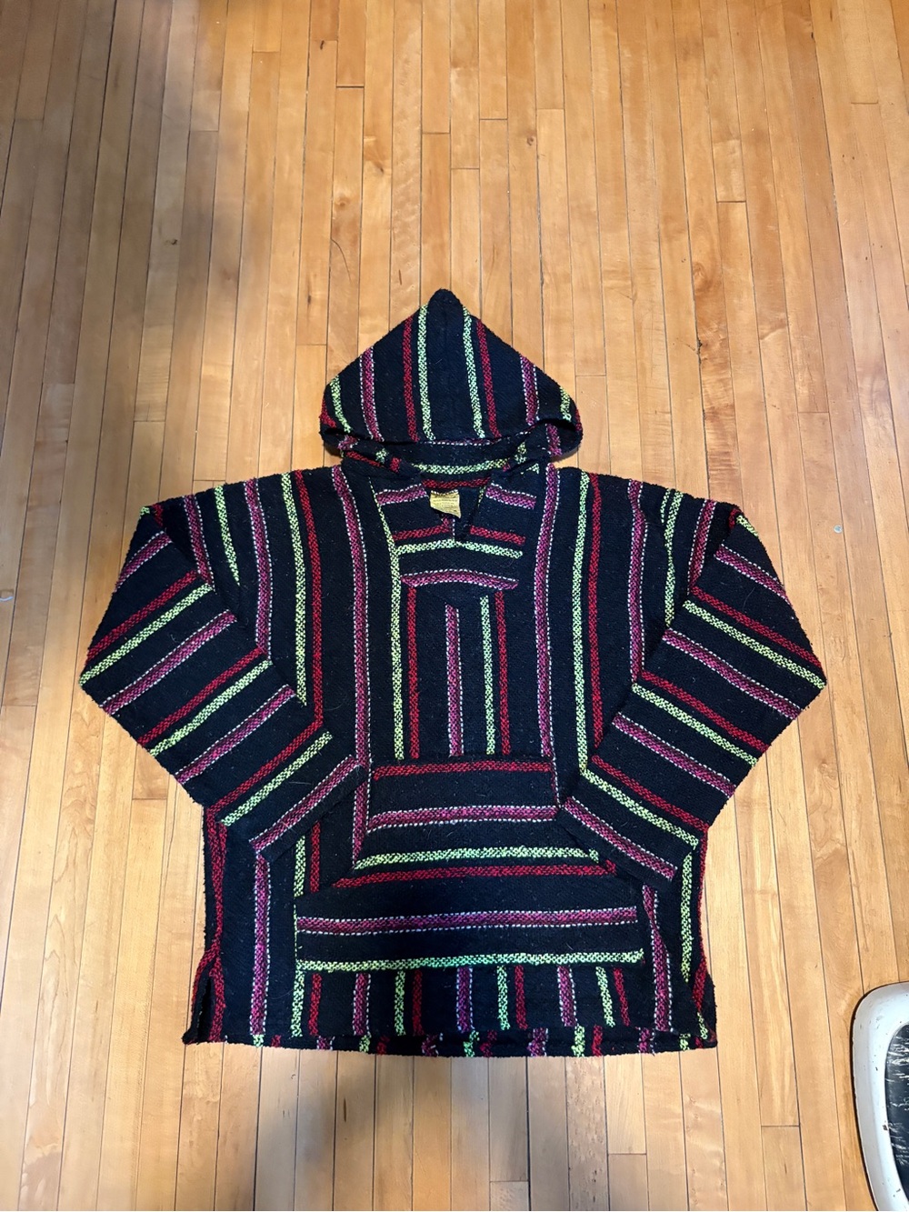 Striped Hooded Baja Pullover Drug Rug Sweater in Black with Red & Green Stripes